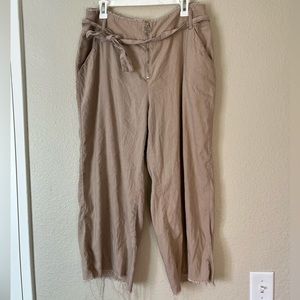INC Linen Fray Pants With Circle Zipper Khaki Tan Women’s Size 12 Wide Leg Crop